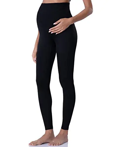 Classic black POSHDIVAH maternity yoga pants with a high U-shaped waistband