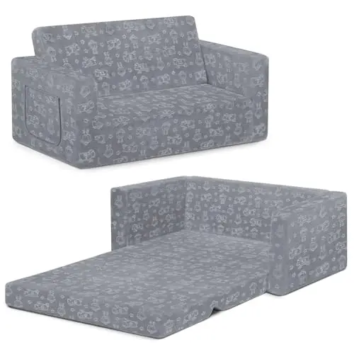 Grey Delta Children Serta flip-open sofa for kids, shown with sheep pattern.