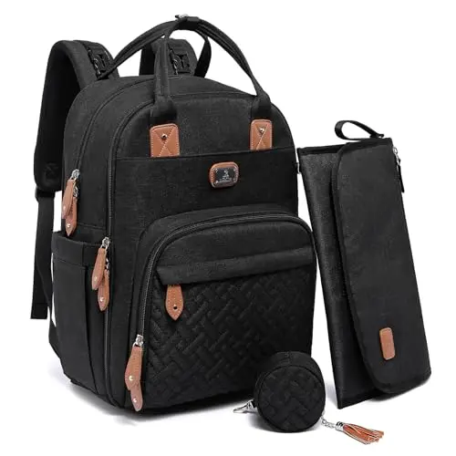 Dikaslon unisex black diaper backpack in a sleek, modern design with multiple zippers.