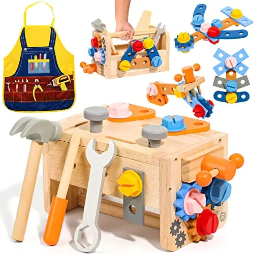 TONZE toddler tool set with wooden workbench toolbox and child's apron