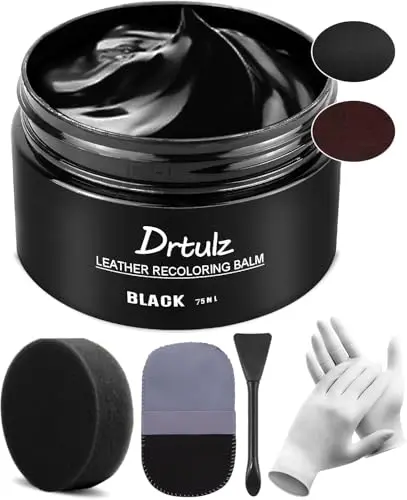 drtulz black leather recoloring balm jar and applicator sponge on a faded car seat