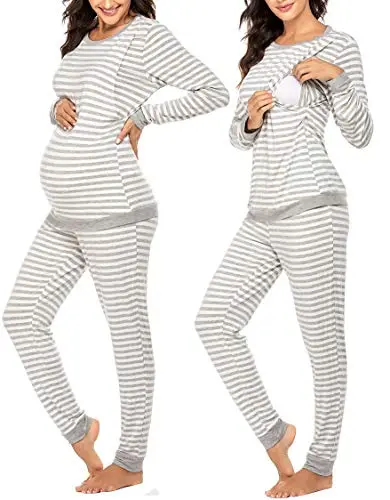 Ekouaer striped long sleeve thermal nursing pajama set in light gray, designed for colder months.