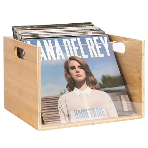 X-cosrack bamboo and clear acrylic vinyl record storage crate with handles