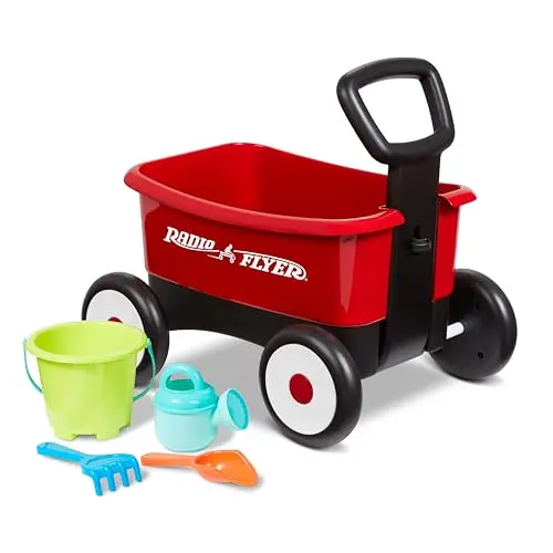 Red Radio Flyer baby walker wagon with attached garden tools