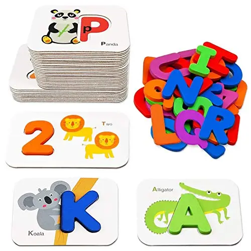 Gojmzo wooden alphabet flash cards and blocks set in a storage box