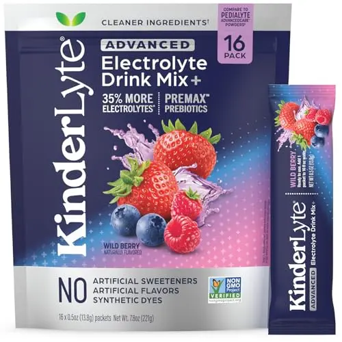 Kinderlyte Advanced electrolyte powder drink mix packets for kids and adults in wild berry flavor