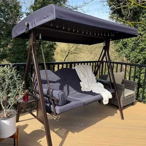 Purple Leaf 3-Seat Porch Swing in navy blue with canopy and cushions