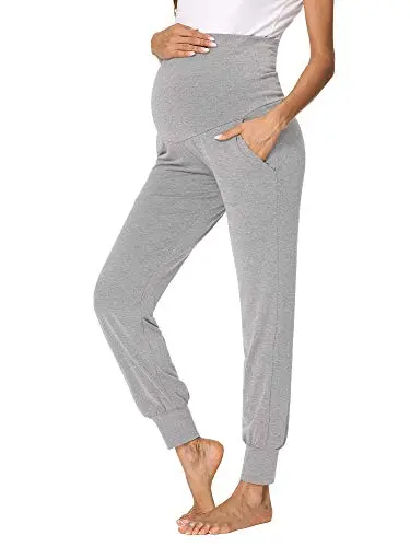 Fitglam grey maternity jogger pants with a full over-the-belly panel and side pockets