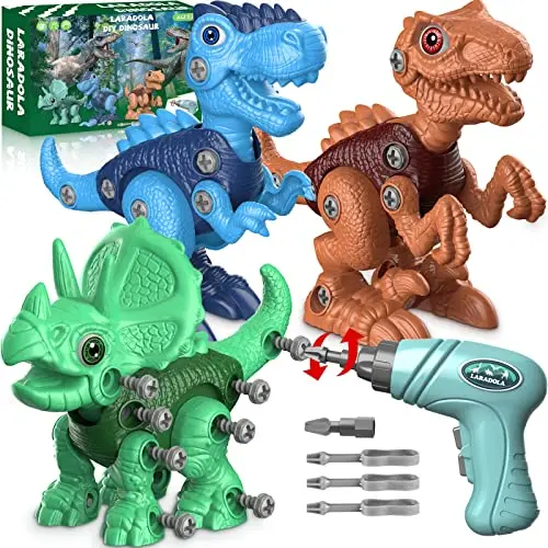 Laradola Take Apart Dinosaur Toys showing dinosaur pieces and a child-safe electric drill