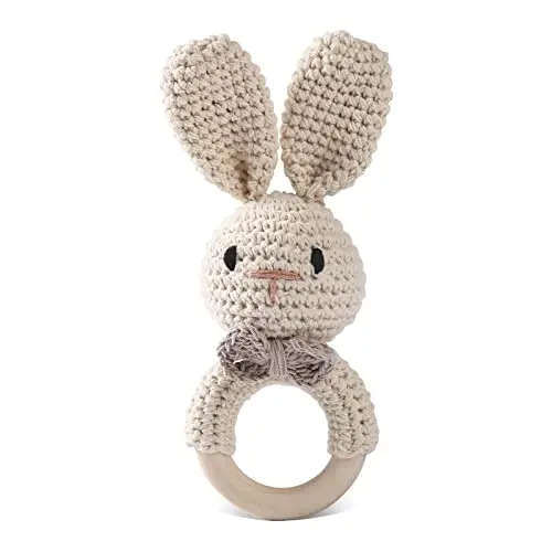 Handmade crochet bunny rattle toy with wooden handle for newborns
