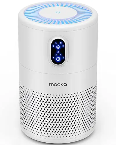 MOOKA Air Purifier in White on a nightstand