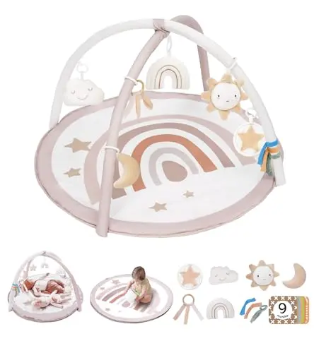 Neutral-colored baby play gym with seven detachable toys and milestone cards