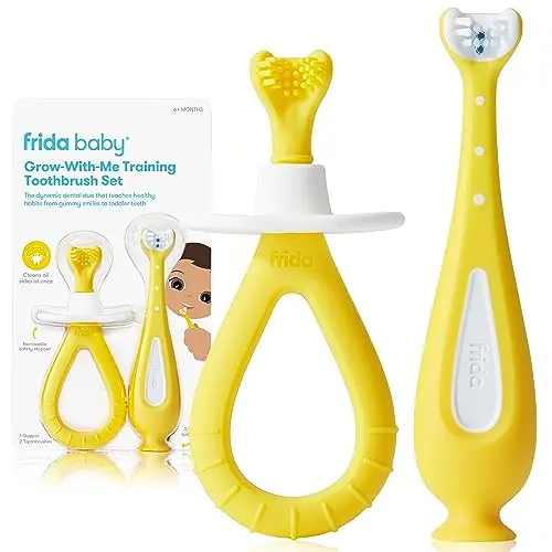 Frida Baby Grow-with-Me baby toothbrush training set with two silicone brushes