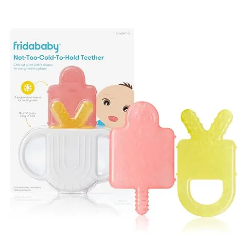 Frida Baby silicone teething toy with a warm handle and four different textured, chillable inserts.