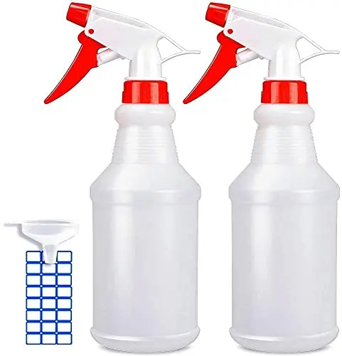White HDPE plastic spray bottles with adjustable red nozzles