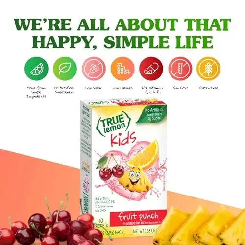 True Lemon Kids fruit punch low sugar hydration drink mix packets in a box