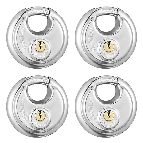Four Guliffen stainless steel discus padlocks with a single key