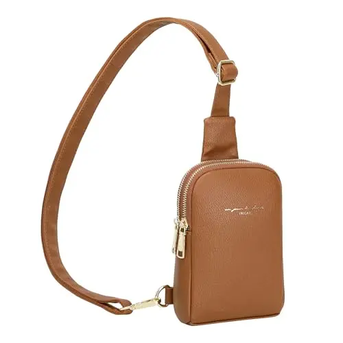 Brown INICAT small leather sling bag worn across the chest