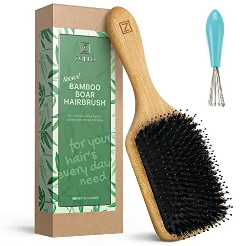 Zollo round paddle hairbrush with boar bristle and nylon pins on a bamboo handle