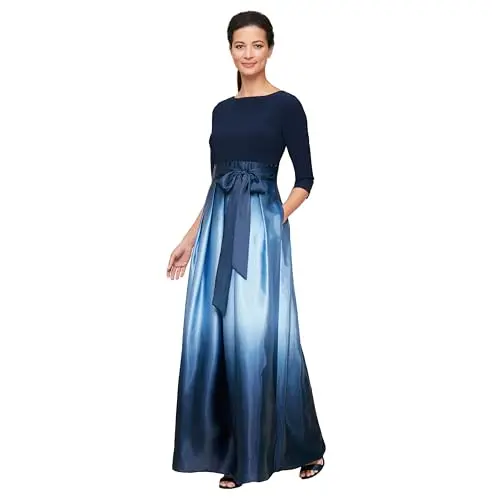 S.L. Fashions long satin mother of the bride dress with ombre design and pockets in navy
