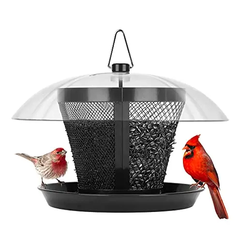 Kingsyard gray metal mesh bird feeder with a clear dome roof, designed for cardinals.