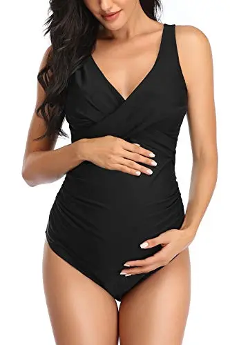 SUMMERSUNSHINE black one-piece maternity swimsuit with front cross design and removable padding