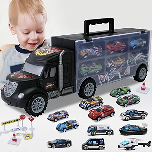 Blue and yellow transport truck carrier case filled with 12 small die-cast cars and traffic signs