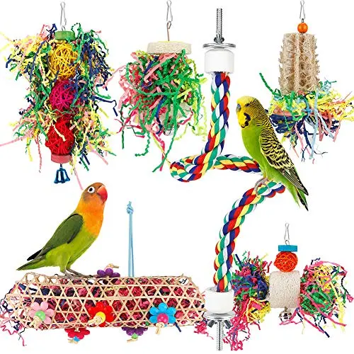 LOVYOCOCO bird foraging toy set with loofah, rattan balls, crinkly paper, and a multi-colored rope perch