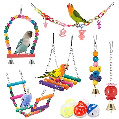 LOVYOCOCO 11-piece bird toy set with colorful swing, hammock, ladder, and wooden chew toys