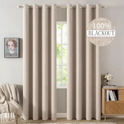 MIULEE beige linen-textured blackout curtains hanging elegantly.