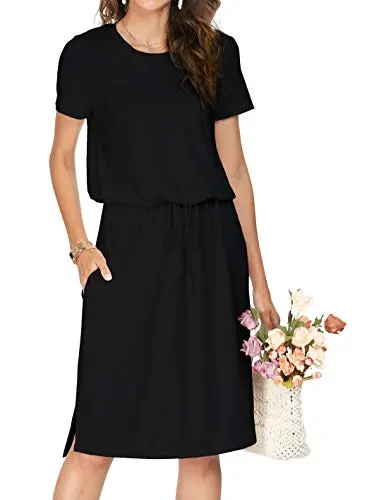 Short sleeve knit midi dress with a drawstring waist and pockets