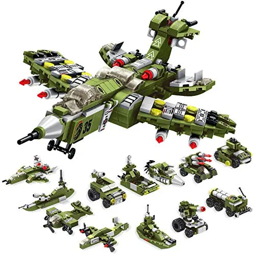 WIDELAND 576 piece military-themed building block set to create tanks, fighters, and warships.