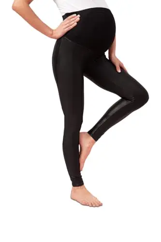 Tagoo black faux leather maternity leggings with a snakeskin texture and pocket