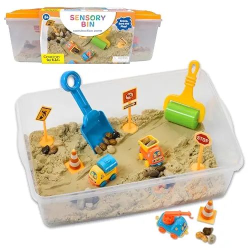 Creativity for Kids construction sensory bin with sand and toys