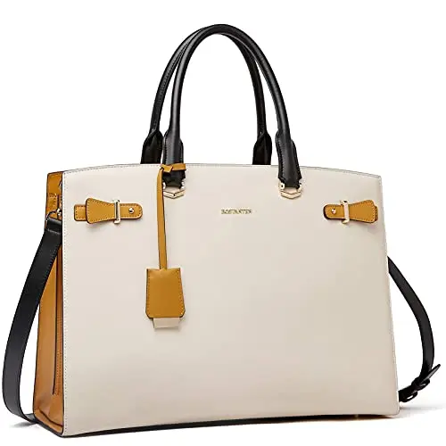 Bostanten beige leather briefcase tote with elegant two-tone styling
