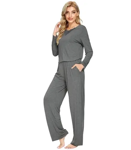 WiWi women's long sleeve pajama set with V-neck in dark heather grey
