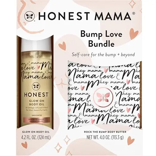 The Honest Company Mama Body and Belly Bump Love Bundle with a tub of body butter and a bottle of body oil.