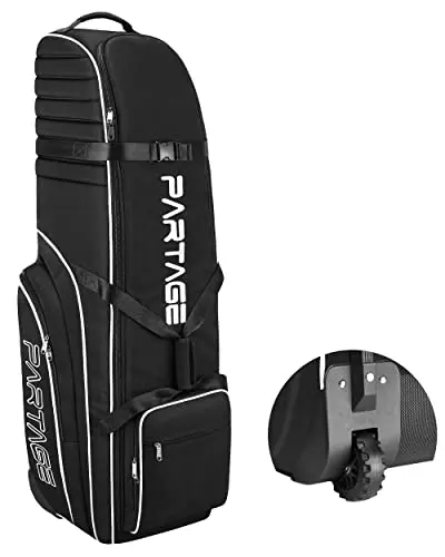 Partage black golf travel bag with sturdy tank-style wheels and multiple pockets