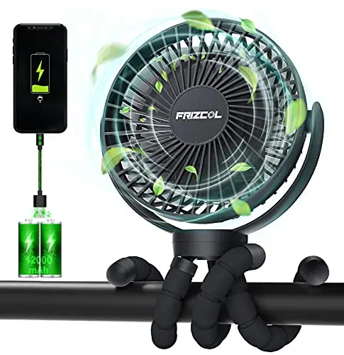 FRIZCOL black portable stroller fan with flexible legs, shown being used as a handheld fan.