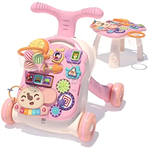 QDRAGON pink 3-in-1 baby walker and activity center with a removable music panel