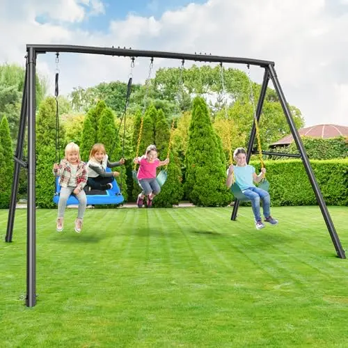 Hapfan black metal A-frame swing set with a rectangular platform swing and two belt swings
