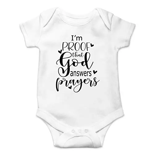 AW Fashions white baby bodysuit with 'I'm Proof That God Answers Prayers' text