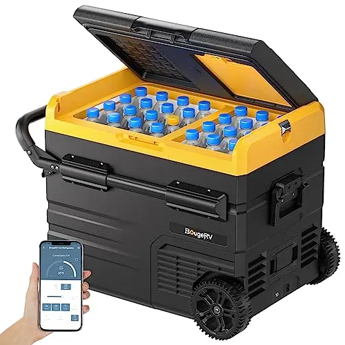 BougeRV CR45 48-quart dual-zone portable refrigerator with wheels in black and yellow