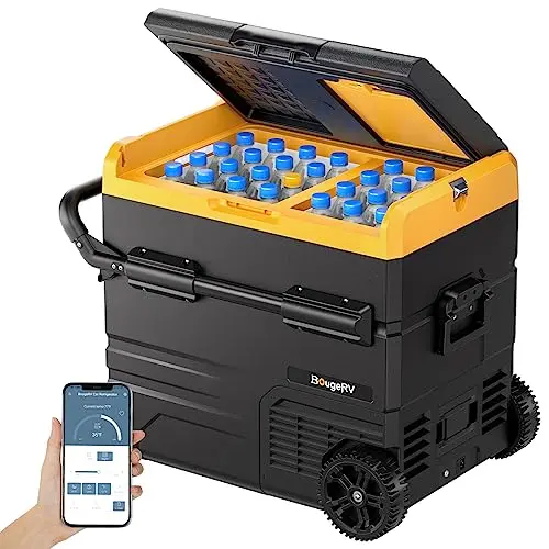 BougeRV CR55 59-quart dual-zone portable refrigerator with wheels in black and yellow