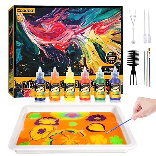 Coodoo Water Marbling Paint Kit with bottles of paint, tray, and tools for creating patterns on water