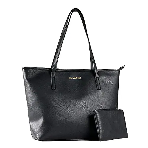 Montana West large leather-look tote bag in black with gold hardware and matching pouch