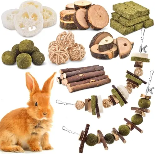 KATUMO 74-piece DIY rabbit chew toy kit with wood blocks, grass balls, and hooks