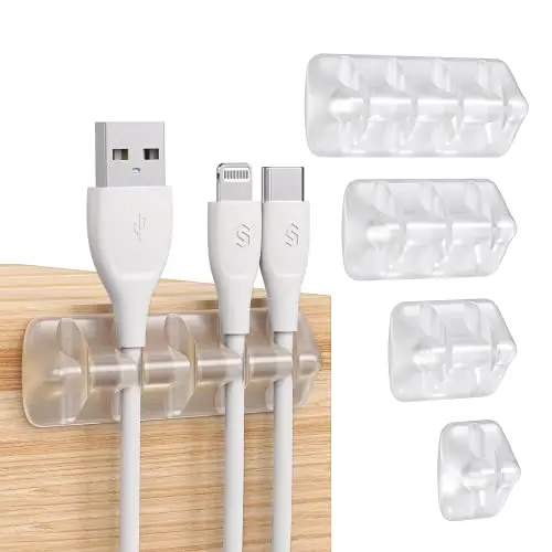 Syncwire Clear Cable Clips holding various thin cables on a clean desk surface