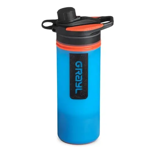 GRAYL GeoPress purifier bottle in Bali Blue color, showing the press-down purification mechanism.