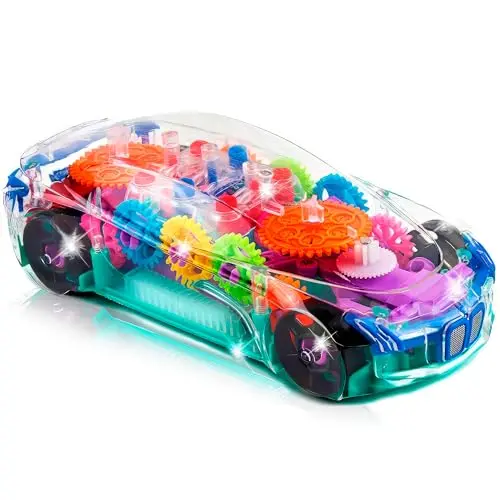 Transparent bump-and-go toy car with colorful spinning gears and LED lights